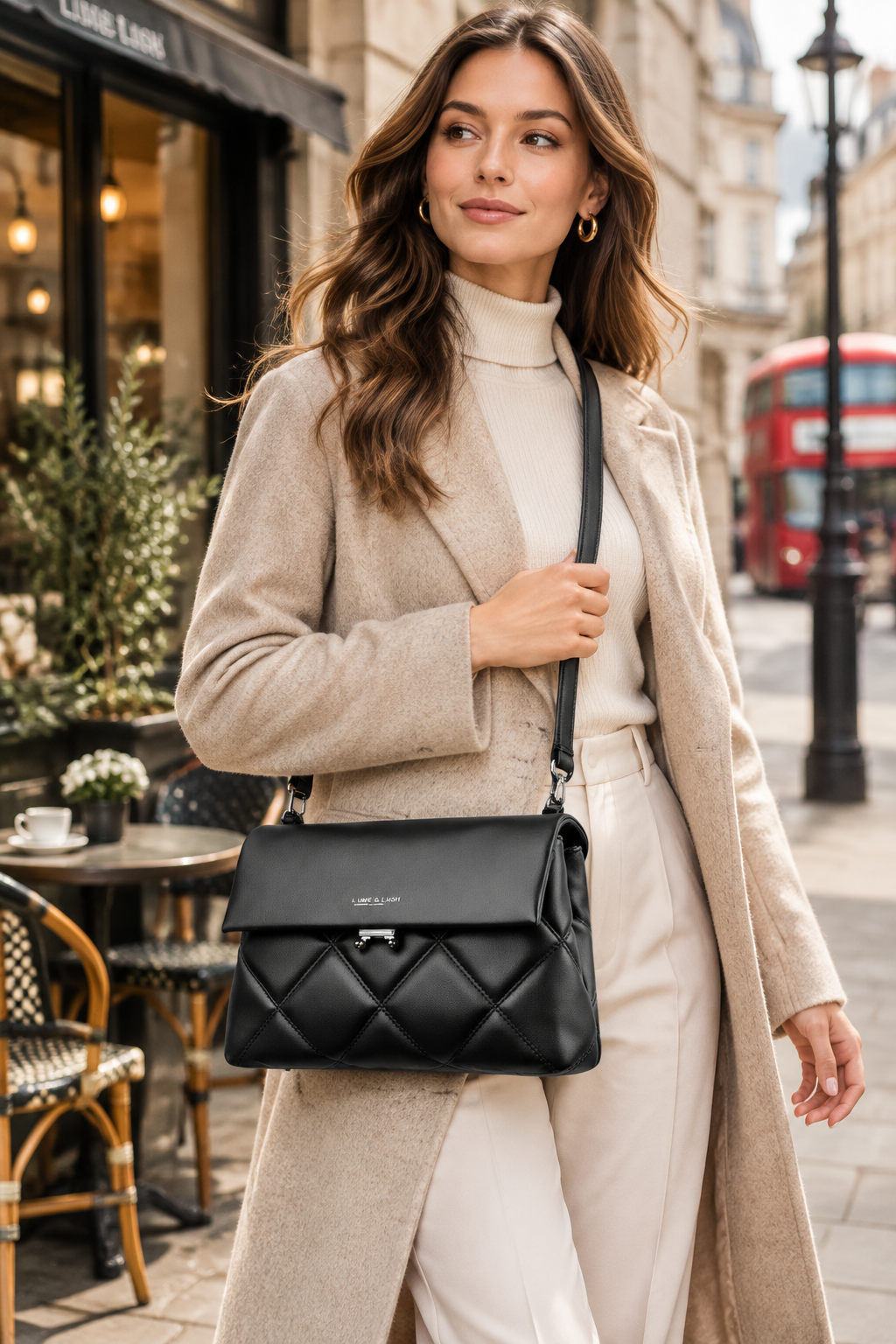 Model carrying the LUME & LUSH soft crossbody tote