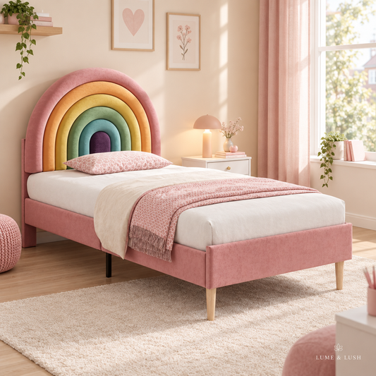Pink velvet youth bed in a clean LUME & LUSH teen bedroom