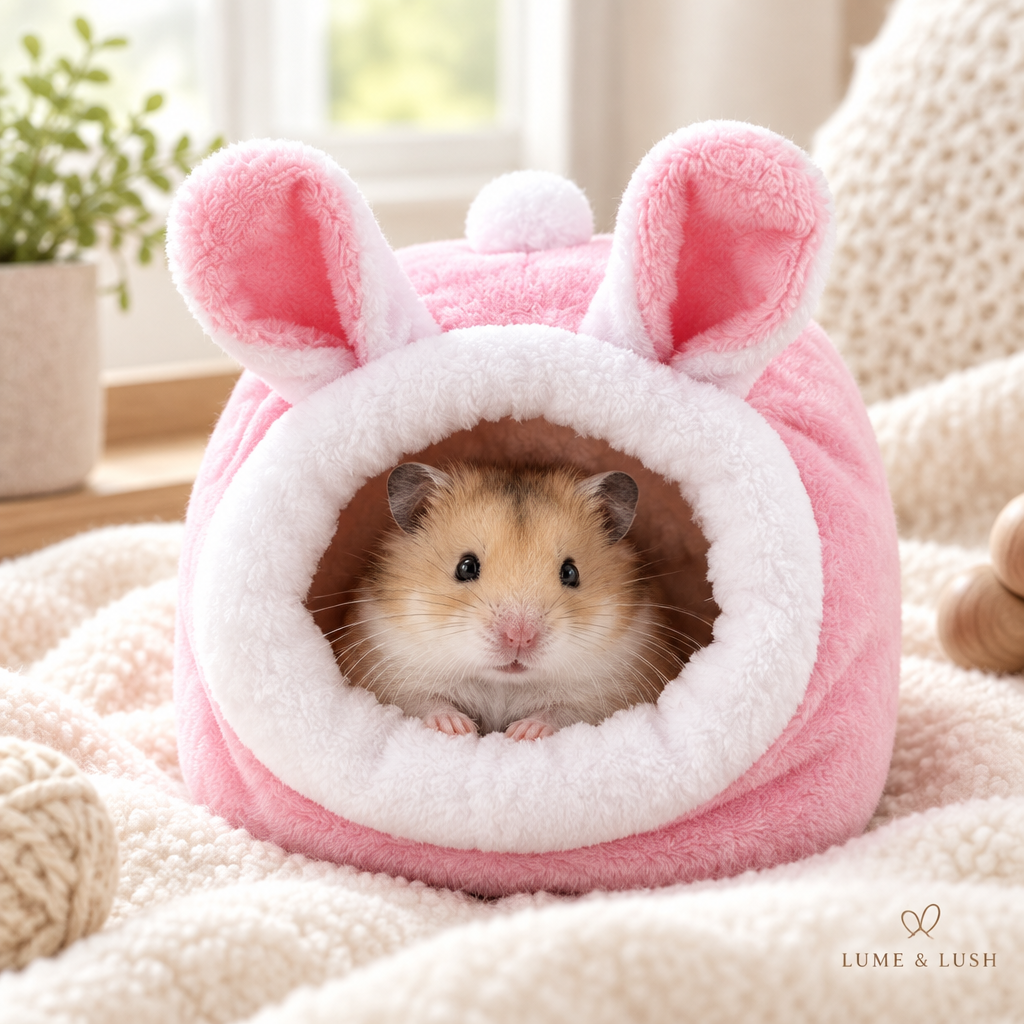 Real hamster nestled in the pink rabbit-shaped cotton nest