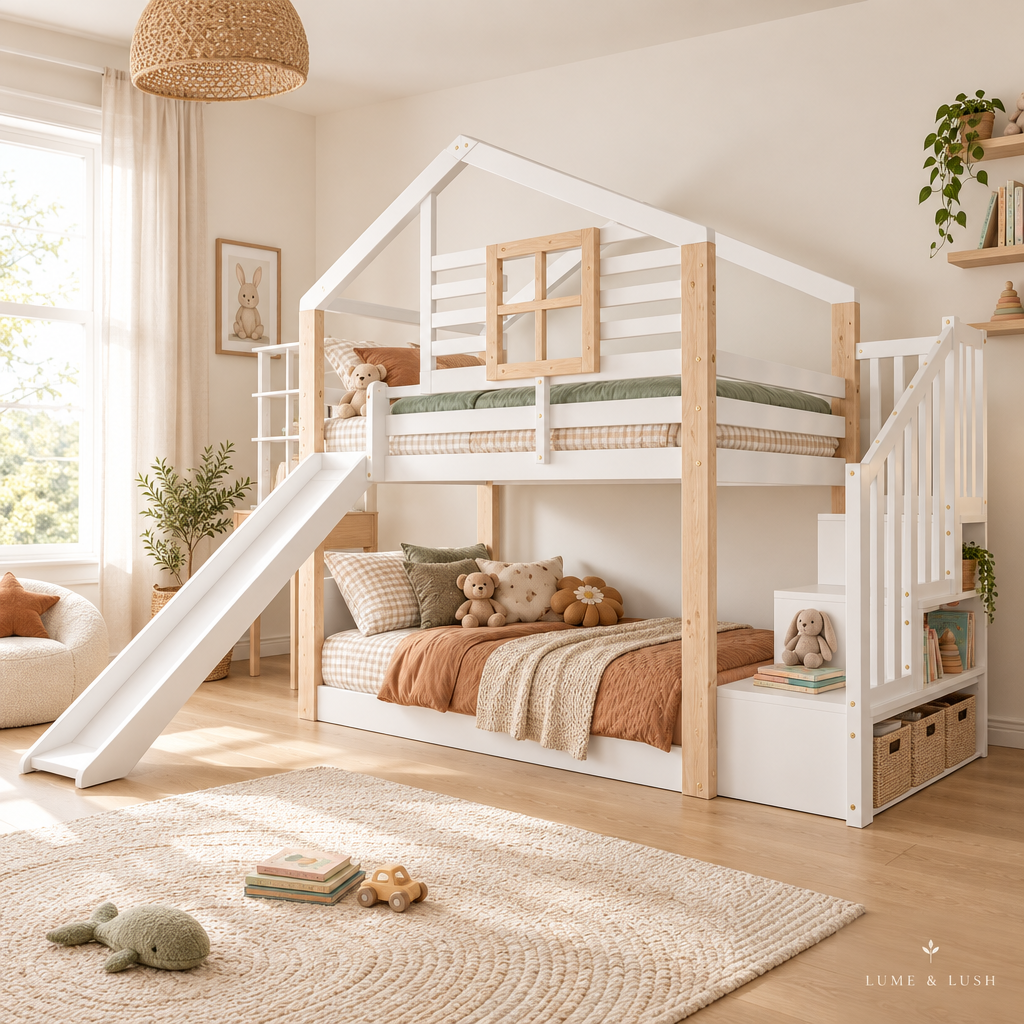 Scandinavian kids bunk bed with slide and storage stairs in a clean LUME & LUSH bedroom