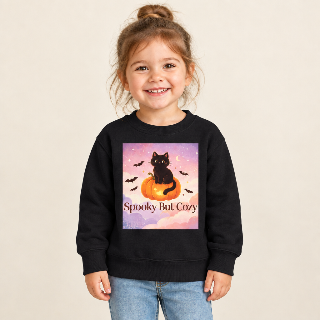 Toddler girl in black Halloween cat sweatshirt preview