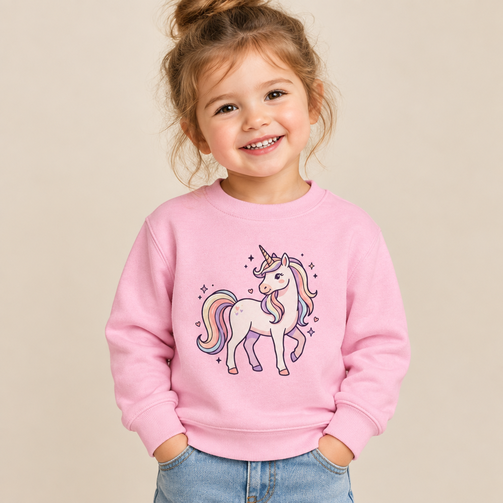 Toddler girl wearing the unicorn sweatshirt, front view