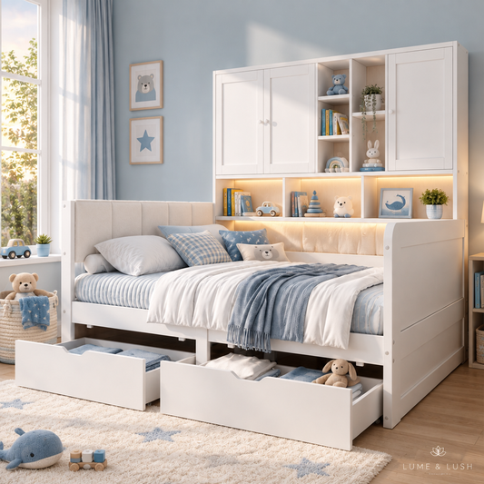 White kids storage bed in a clean LUME & LUSH kids bedroom