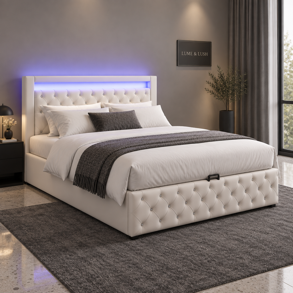 White LED ottoman storage bed in a clean LUME & LUSH bedroom